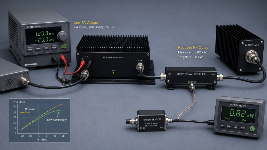 RF test setup showing how low PA input voltage can reduce measured RF output power