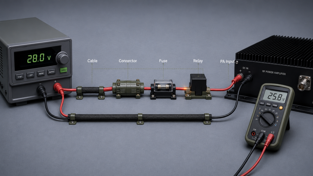 Cable, connector, fuse and relay resistance points between a DC power supply and RF PA input