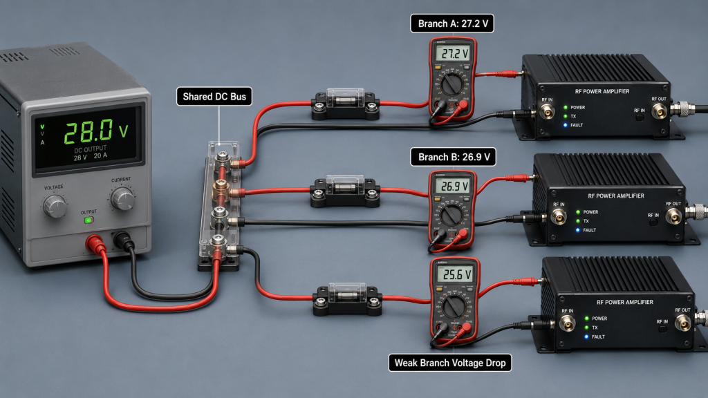 Shared DC bus supplying multiple RF PA modules with different branch voltages of 27.2 V, 26.9 V and 25.6 V