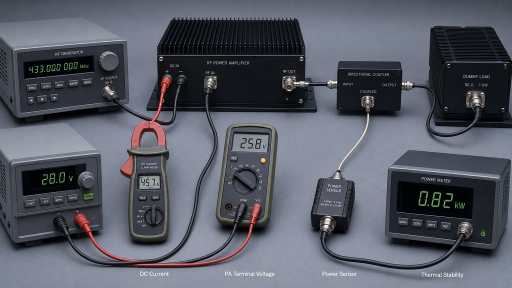 RF PA full-load test measuring DC current, PA terminal voltage and RF output through a directional coupler and power sensor
