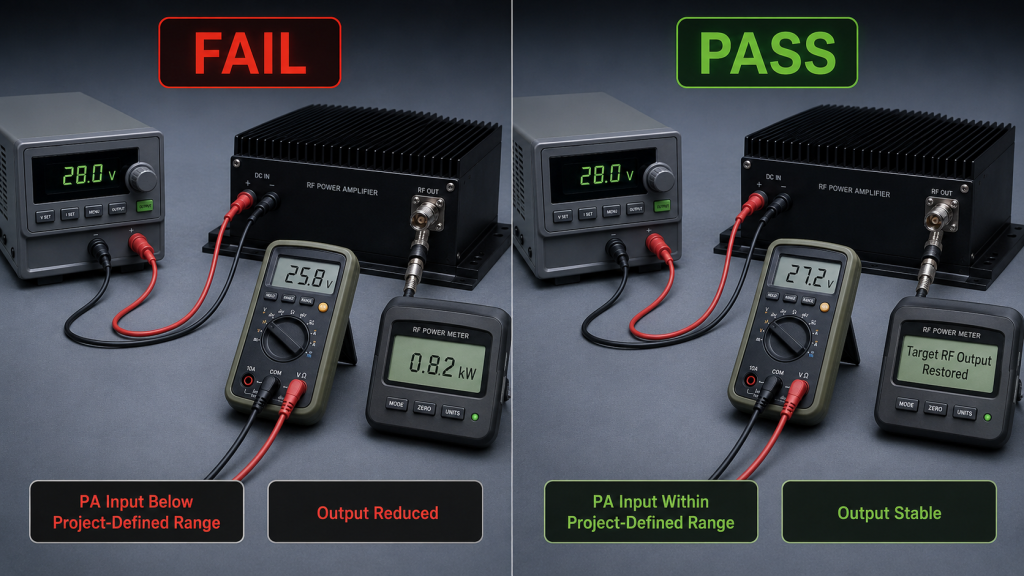 RF PA DC path acceptance comparison showing reduced output below the project-defined voltage range and stable output after voltage restoration