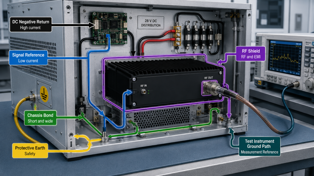 RF PA cabinet ground path separation including DC return, signal reference, chassis bond, RF shield, protective earth, and instrument ground