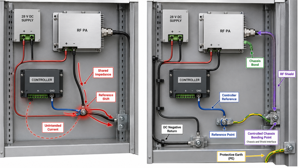 RF PA DC return, signal reference, and chassis bonding comparison showing shared path risks and controlled grounding paths