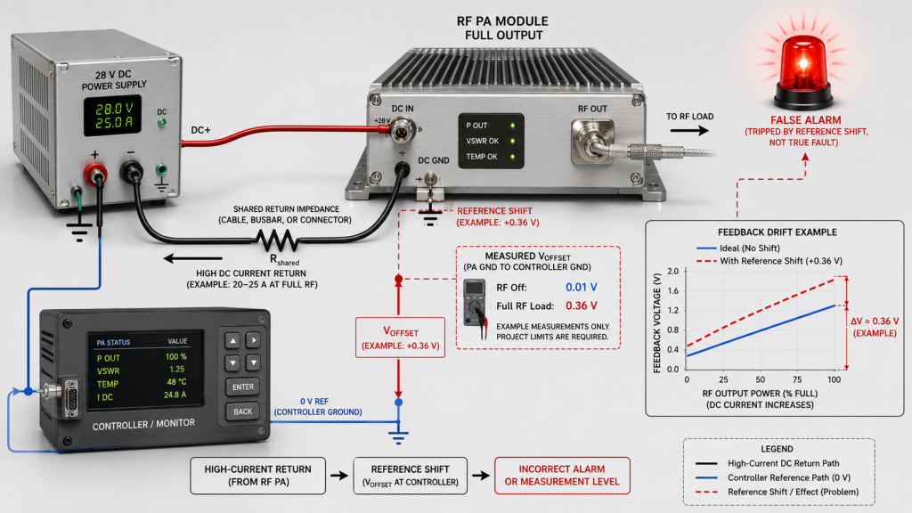 RF PA ground shift causing reference voltage change, false alarms, and feedback drift during high current operation