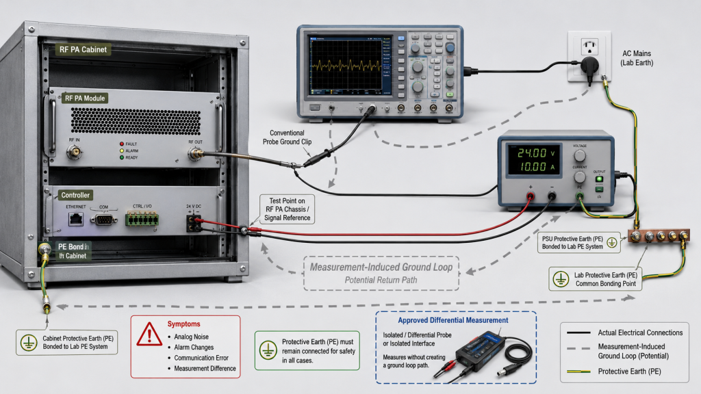 RF PA testing setup showing measurement-induced ground loop caused by oscilloscope and instrument return paths