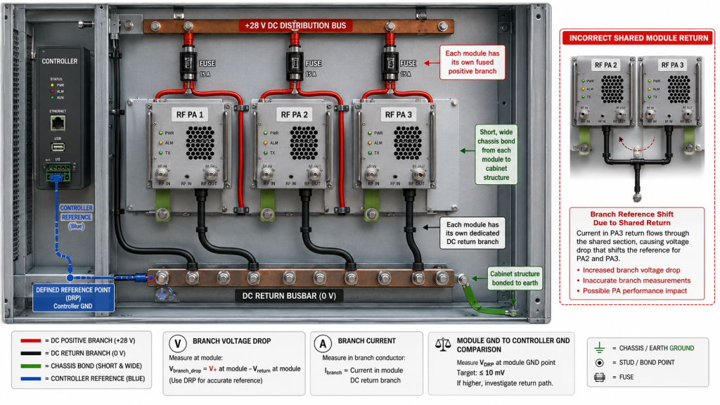 Multi-module RF PA cabinet grounding with separate DC return busbar, chassis bonding, and reference point control