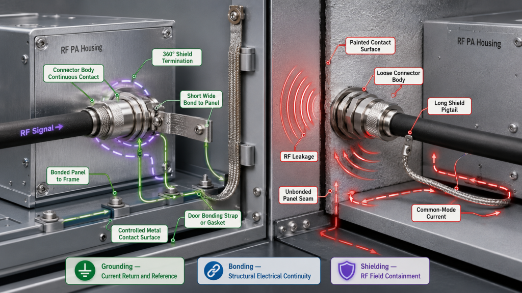 RF PA grounding, bonding, and shielding comparison for EMI control and RF field containment