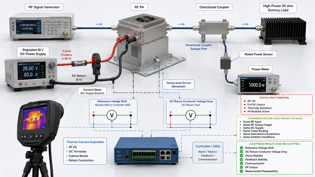 RF PA grounding validation test under full RF load with voltage shift, return drop, thermal, and acceptance measurements