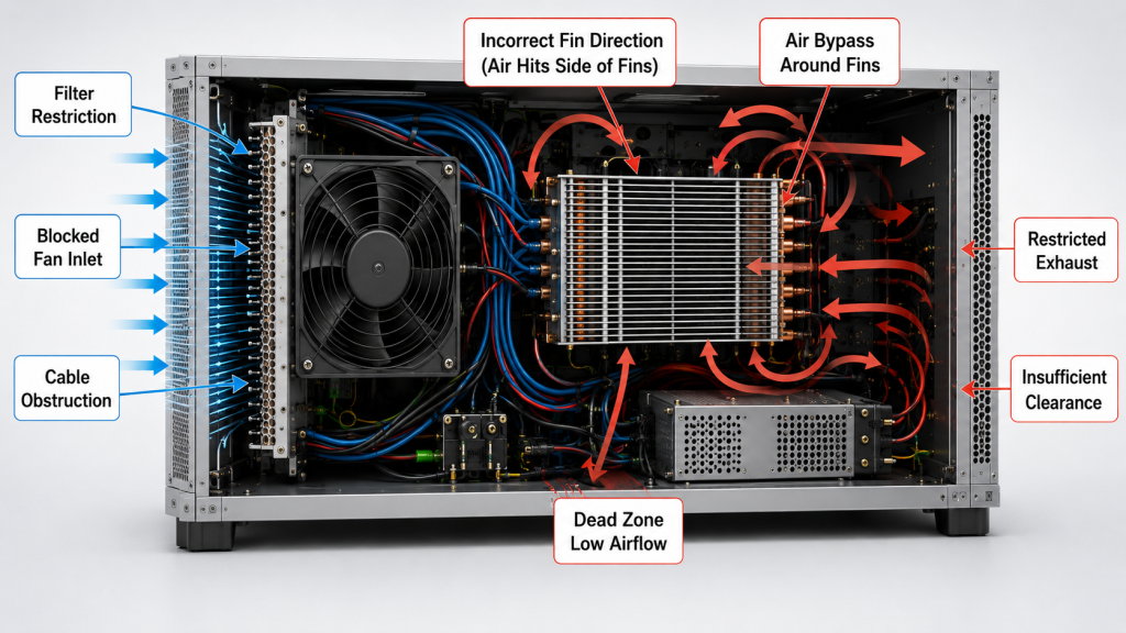 RF PA cabinet airflow restriction caused by filter loss, cable obstruction, heatsink bypass, and exhaust limitation
