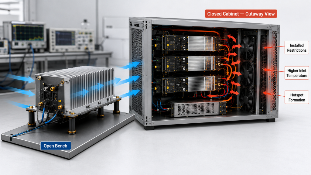 Comparison between open bench RF PA cooling and closed cabinet airflow test conditions