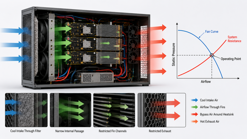 RF PA cabinet fan curve and system resistance operating point under airflow restriction