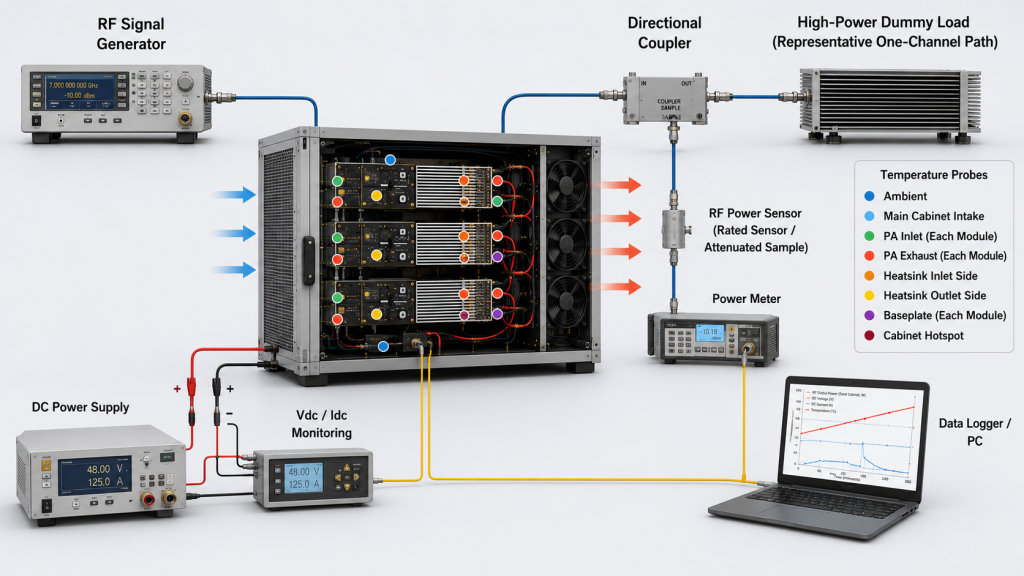 RF PA cabinet airflow full-load validation setup with power measurement and temperature monitoring
