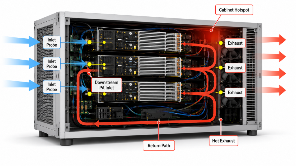 RF PA cabinet hot air recirculation path causing downstream module inlet temperature increase