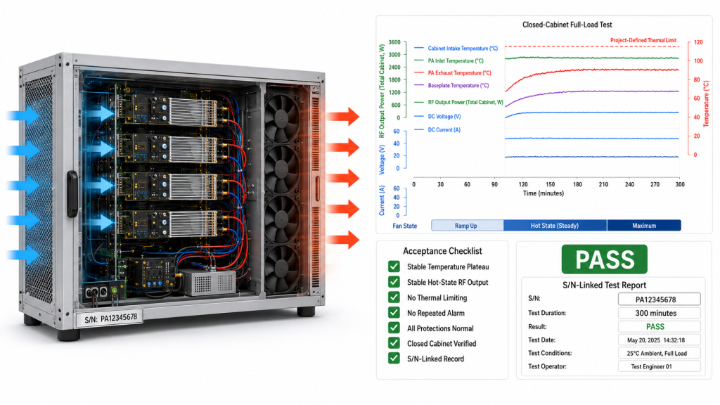 RF PA closed cabinet airflow acceptance report with temperature, RF output, and protection monitoring