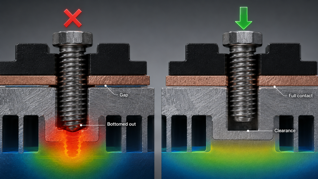 RF PA fastener preload comparison showing blind hole bottoming versus proper thread engagement and thermal contact