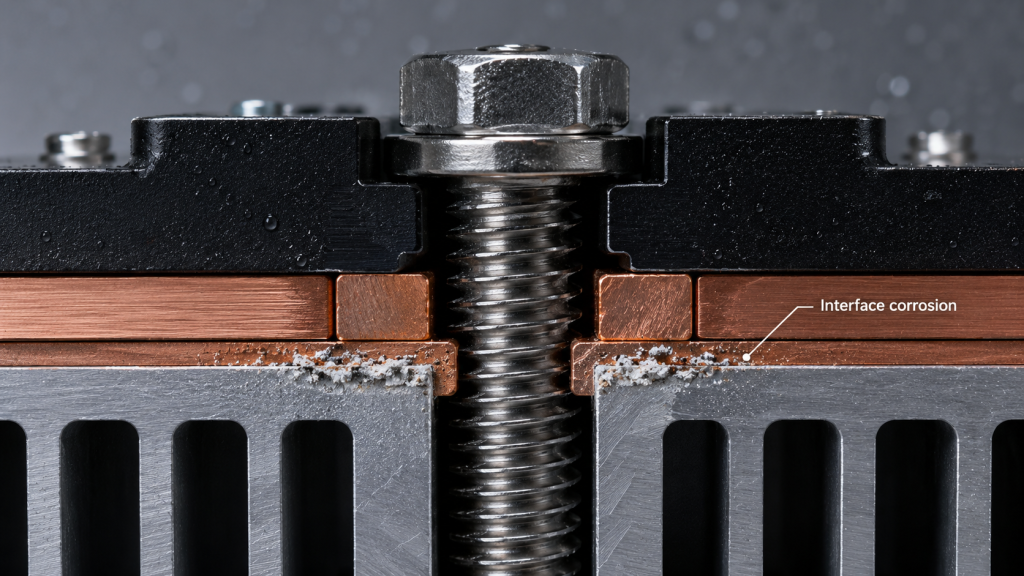 RF PA fastener corrosion at copper aluminum interface showing mixed metal joint degradation and oxidation risk