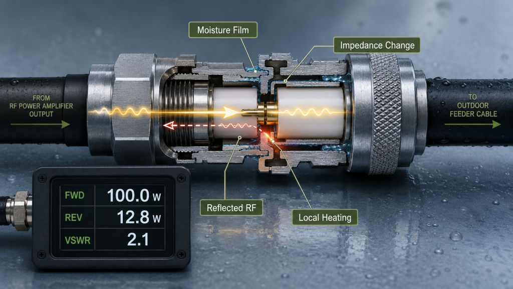 RF PA path showing how water ingress can change impedance, reflected power, VSWR, and local heating at an outdoor connector