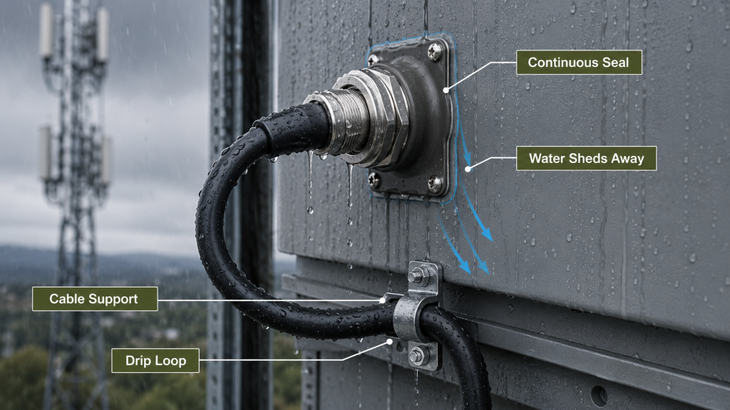 Correct outdoor RF connector sealing method with continuous weatherproof seal, cable support, drip loop, and water drainage direction