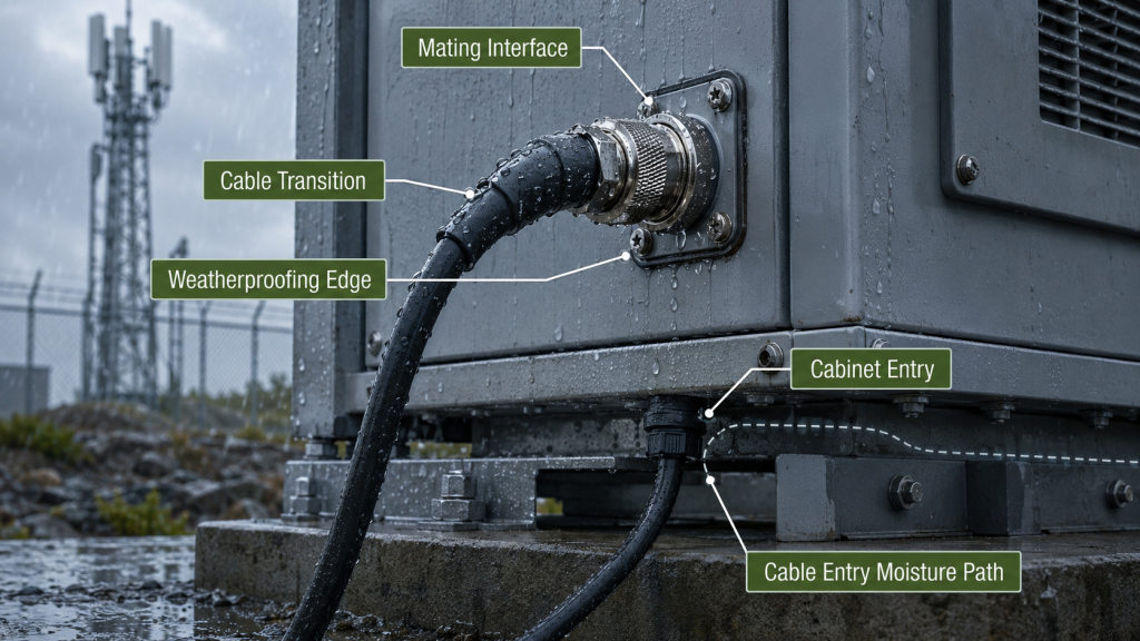Outdoor RF connector showing possible moisture entry points including mating interface, cable transition, weatherproof seal boundary, and cabinet entry