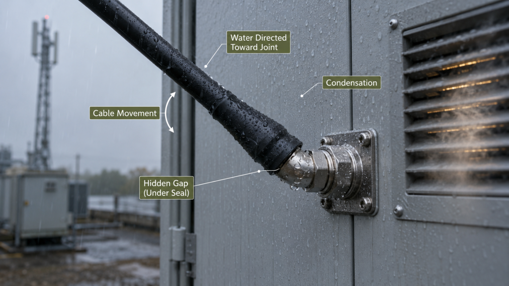 Outdoor RF connector showing condensation, cable movement stress, and hidden moisture gap under the external seal