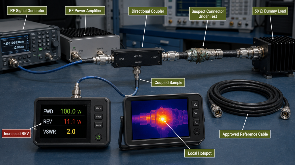 RF path diagnosis setup for weather-related VSWR alarms using RF PA, directional coupler, suspect connector under test, and reference cable comparison