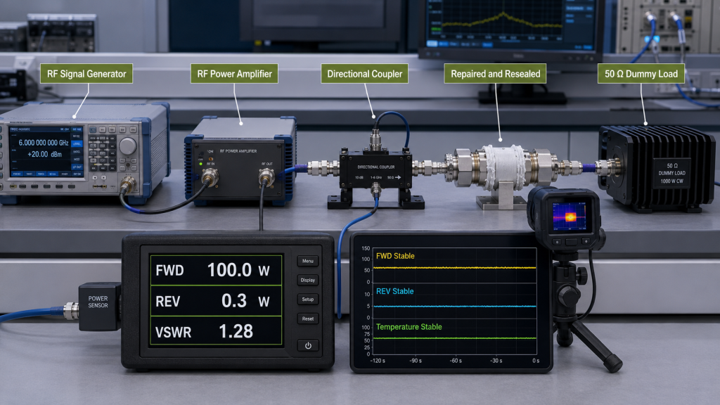 RF path retest after connector repair and resealing showing stable forward power, reflected power, VSWR, and temperature behavior