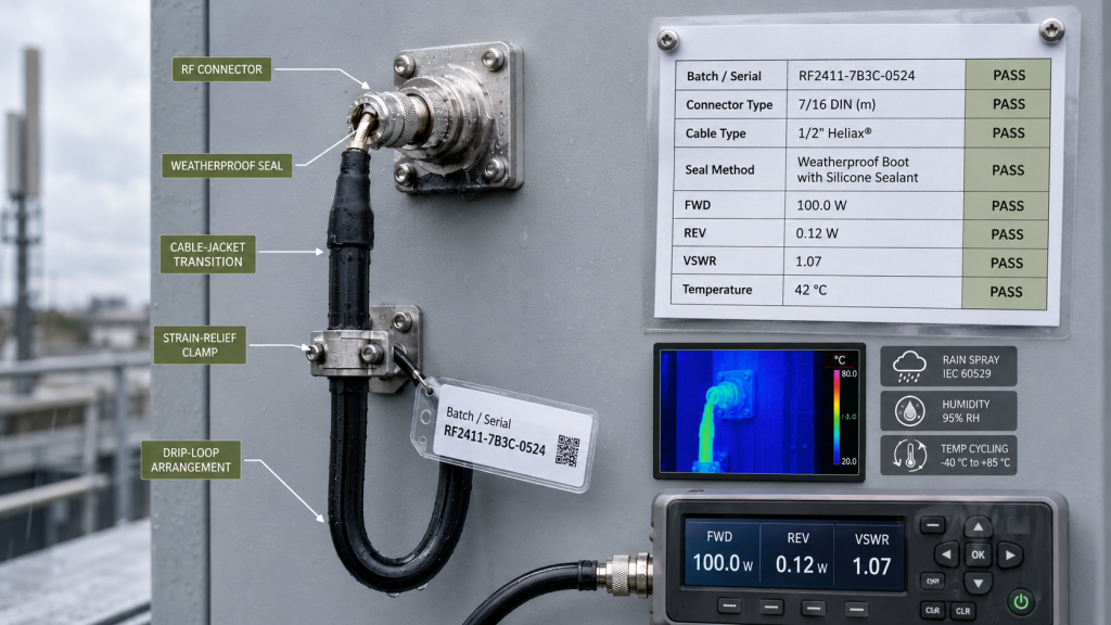 Connector sealing stability acceptance evidence with serial traceability, sealing method, RF test results, and PASS verification