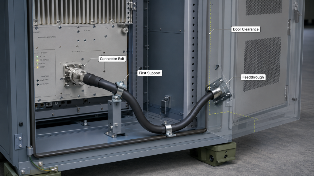 RF PA cabinet cable routing with connector exit, first support point, feedthrough, and door clearance protection