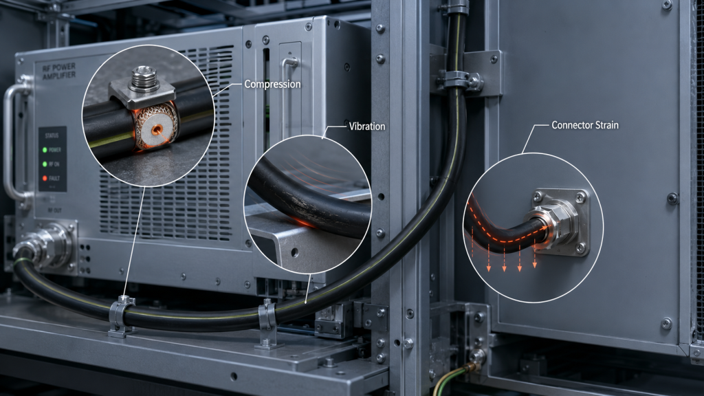 RF cable mechanical stress inspection showing compression, vibration movement, and connector strain caused by routing force
