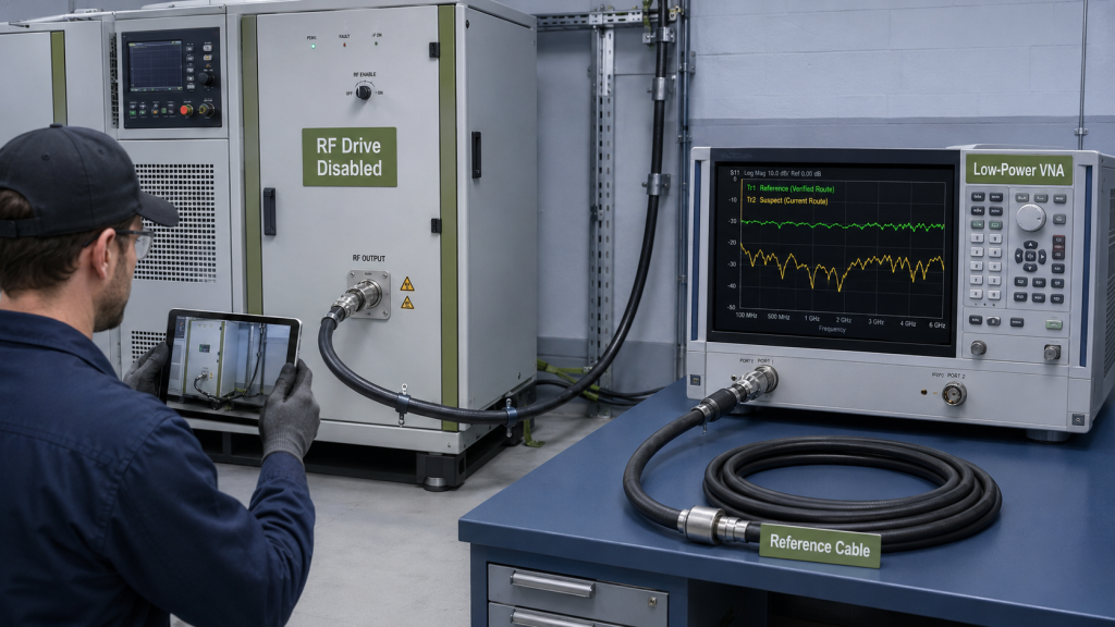 RF cable VSWR diagnosis using low-power VNA testing with RF drive disabled and reference cable comparison