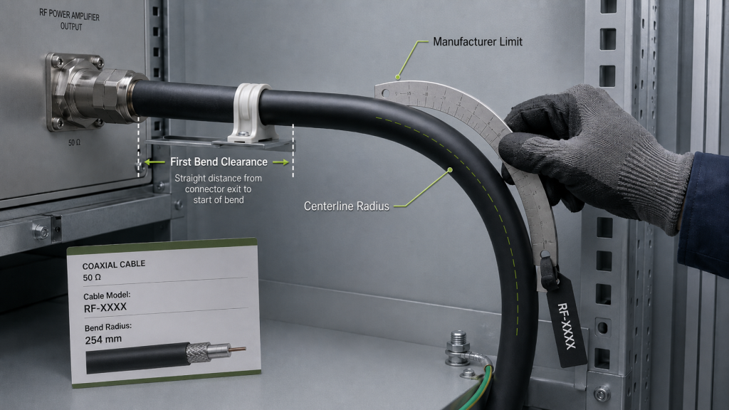 RF cable minimum bend radius control with centerline radius measurement and manufacturer cable specification verification