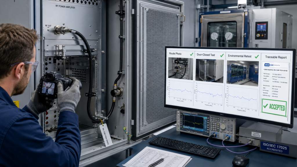 RF cable routing acceptance report with route photos, door-closed test, environmental retest, and traceable RF sweep results