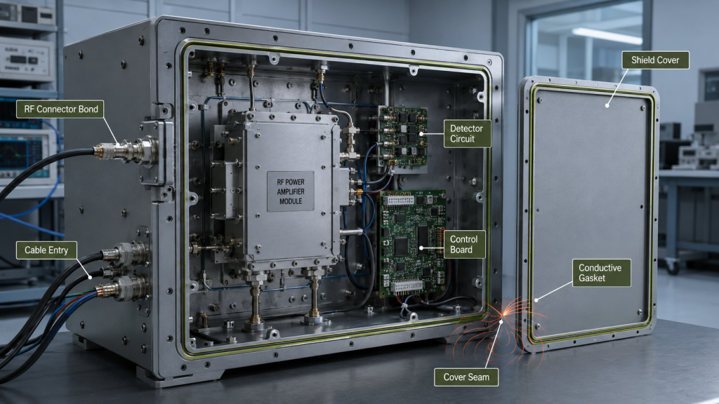 RF PA module showing shield cover, conductive gasket, connector bond, cable entry, detector circuit, and control board areas