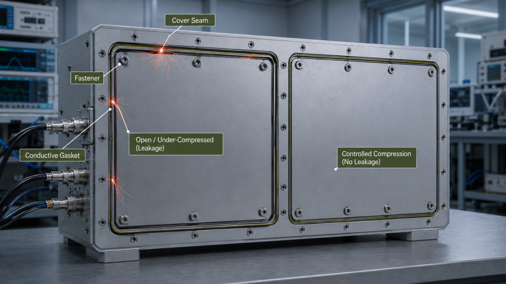 Comparison of RF PA cover seam leakage caused by under-compressed gasket and controlled compression shielding boundary