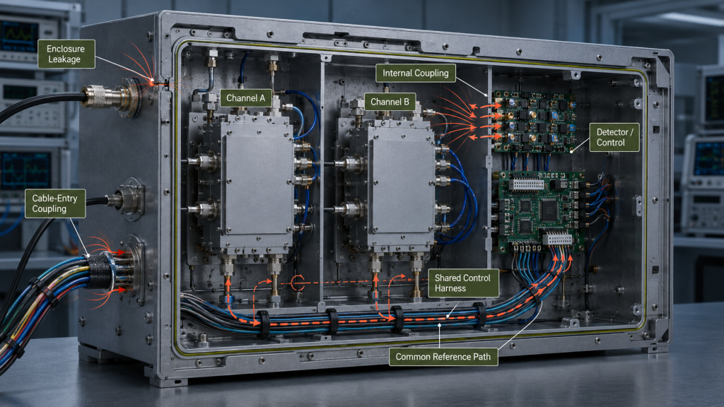 RF PA cabinet showing internal coupling, enclosure leakage, cable-entry coupling, common-mode paths, and channel interaction routes