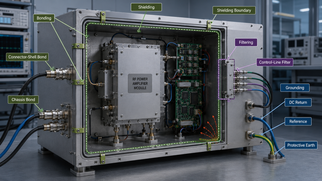 RF PA cabinet illustrating the difference between shielding, bonding, grounding, and filtering functions