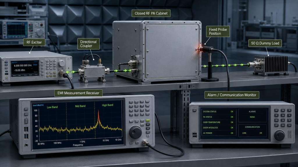 RF PA cabinet undergoing EMI leakage measurement across required frequency bands using probe and EMI receiver