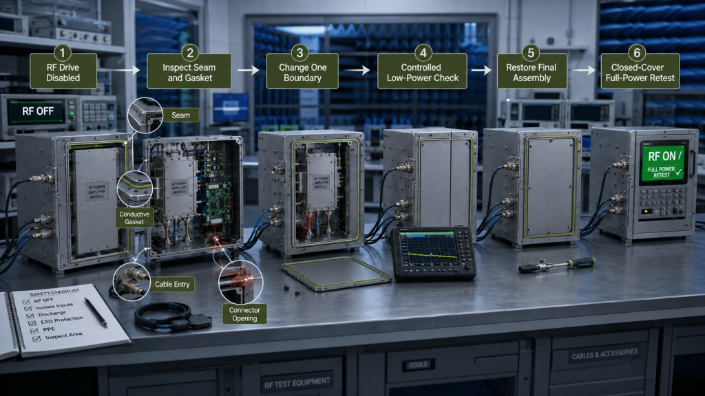 RF PA shielding diagnosis workflow showing RF disable, seam inspection, boundary changes, low power checks, and closed-cover retest