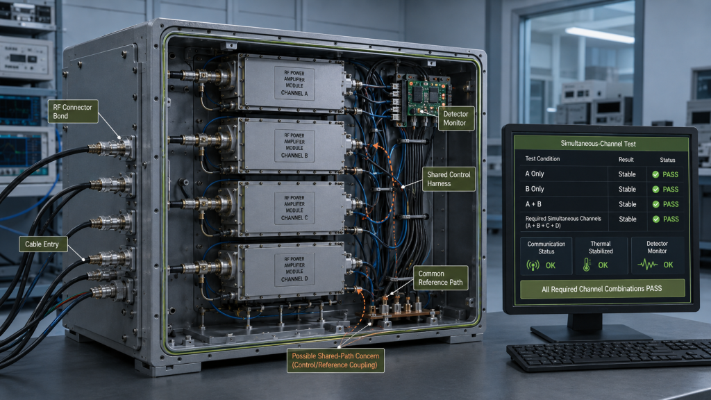 Multi-channel RF PA cabinet test showing simultaneous channel verification and stable EMI performance