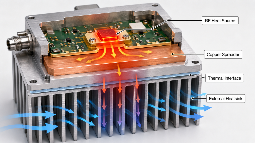 RF PA heatsink thermal path showing RF heat source, copper spreader, thermal interface, and external heatsink structure