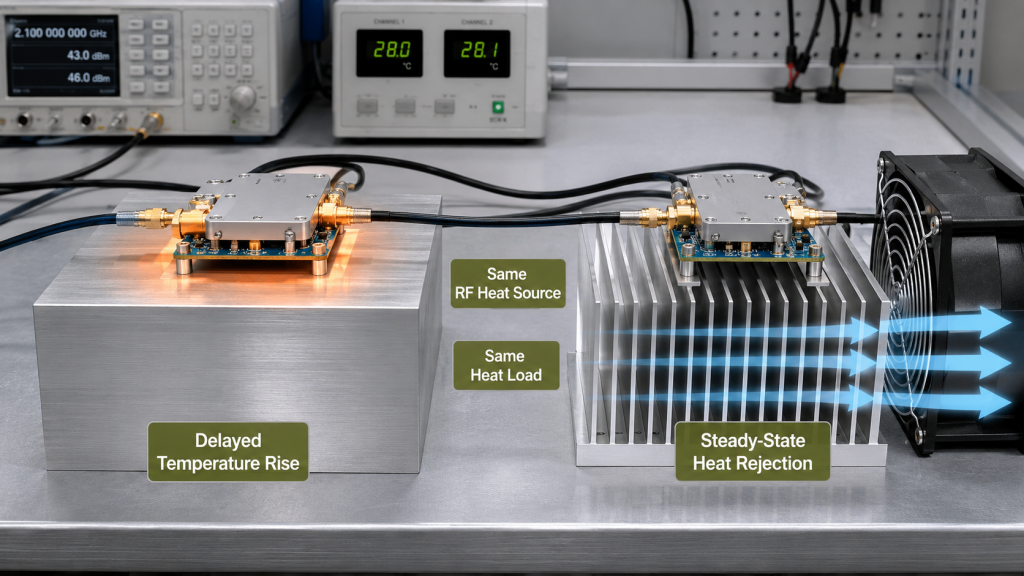 Comparison of RF PA heatsink thermal mass and steady-state heat rejection under the same RF heat load conditions