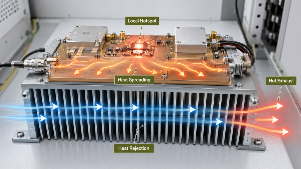 RF PA heatsink heat spreading and heat rejection process showing hotspot distribution and cooling airflow through fins