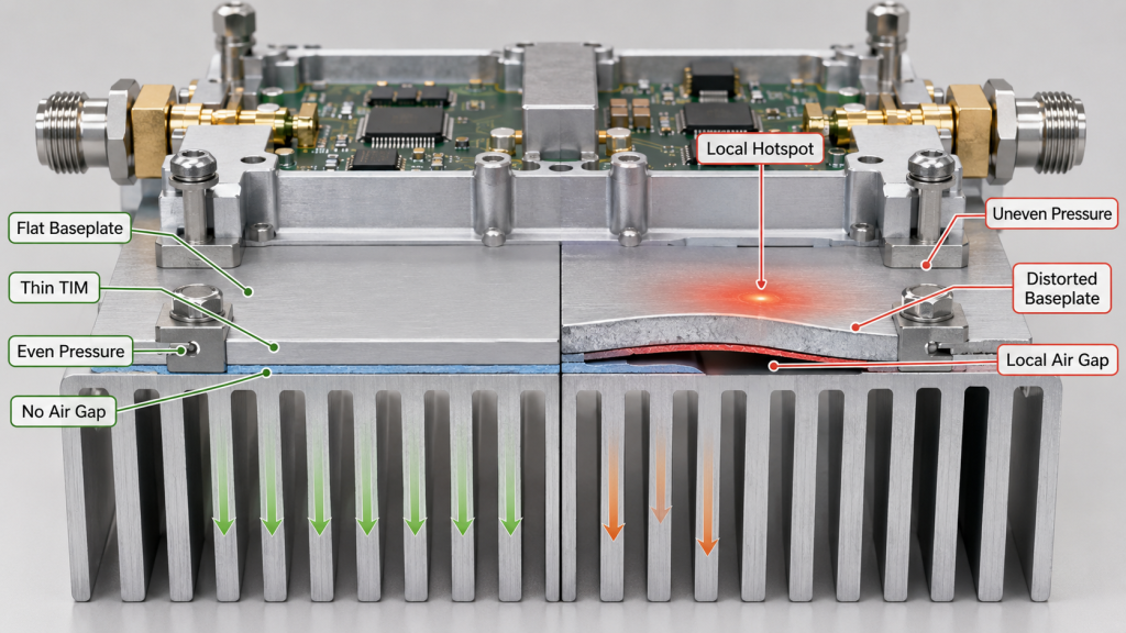 RF PA heatsink mounting interface comparison showing flat baseplate, thin TIM, uneven pressure, and local thermal hotspot