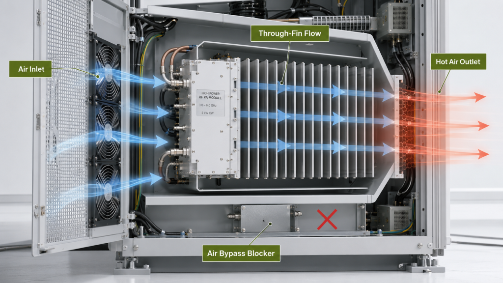 RF PA heatsink fin geometry and airflow path design showing through-fin cooling and bypass airflow prevention