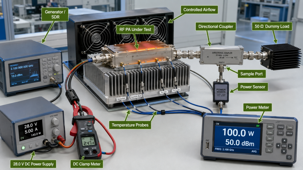 RF PA heatsink hot-state RF load test setup with directional coupler, dummy load, power meter, and temperature measurement