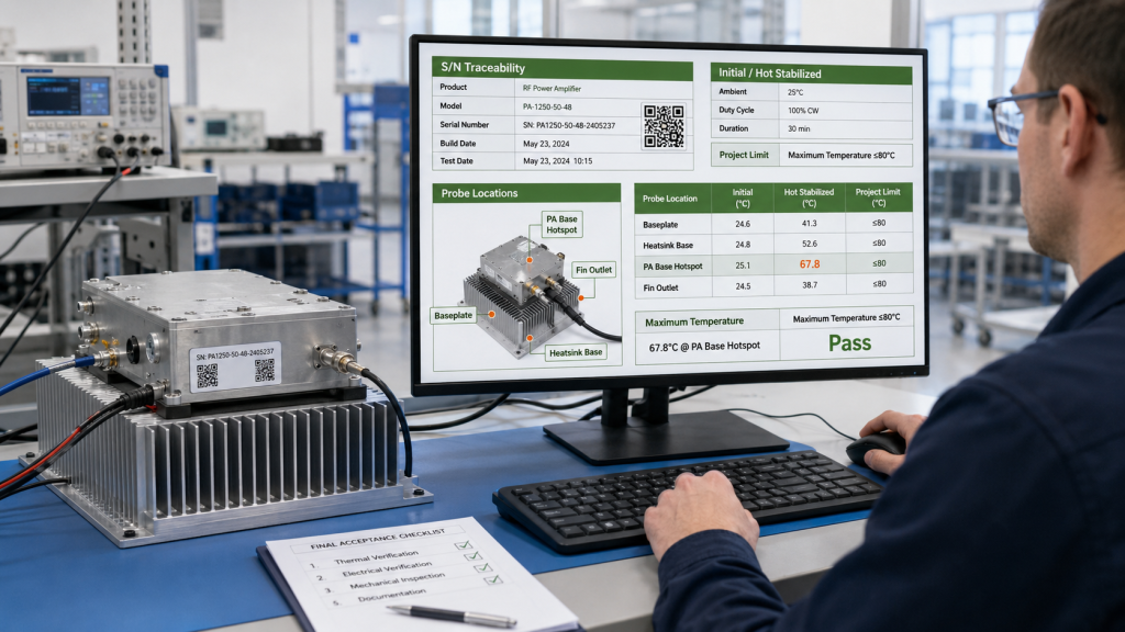 RF PA heatsink stability test evidence with serial traceability, hot-state temperature results, and acceptance verification