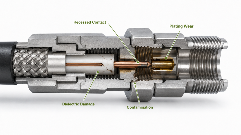 Antenna feed interface connector defects including recessed contact, plating wear, dielectric damage, and contamination