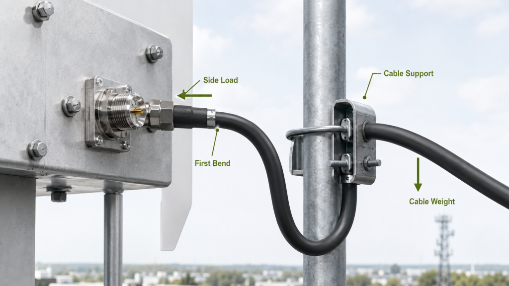 Antenna feed cable support installation showing cable weight, side load, and first bend control