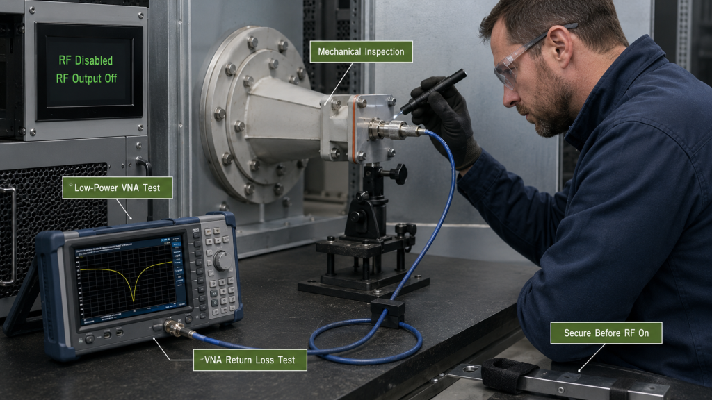 Low-power VNA return loss test for RF antenna feed interface before full-power operation
