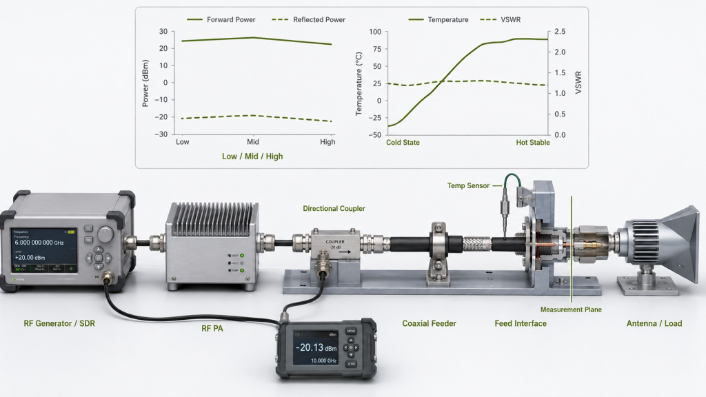 RF PA antenna feed interface verification across frequency range and hot operating condition